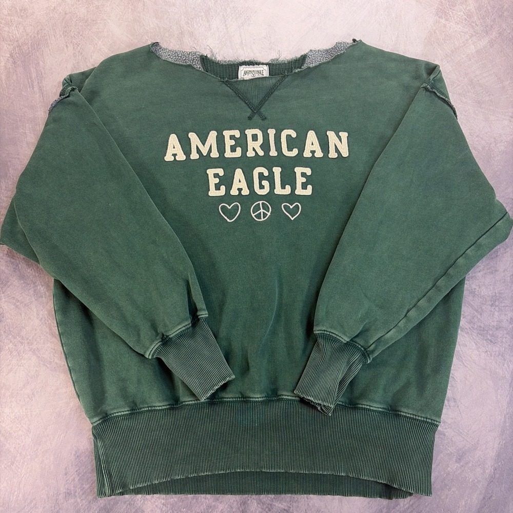 American Eagle Oversized Green Pullover Sweatshirt Distressed Neck Womens‎ Small